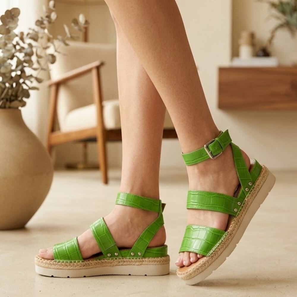 Franco Sarto Calvin Platform Sandals Womens 7.5 M Green Croc Espadrille Wedge